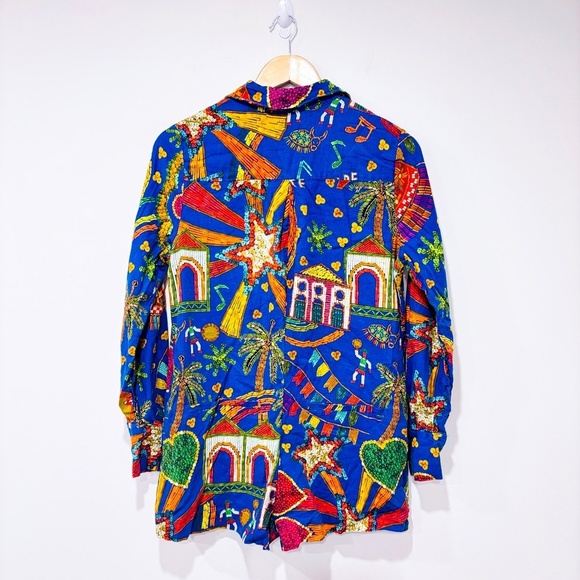 FARM RIO Blue Folk Party linen romper - Picture 10 of 10